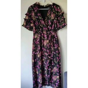 Kensie Floral‎ Wrap Maxi Dress Black/Pink Size 4 Short Sleeve Ruffles